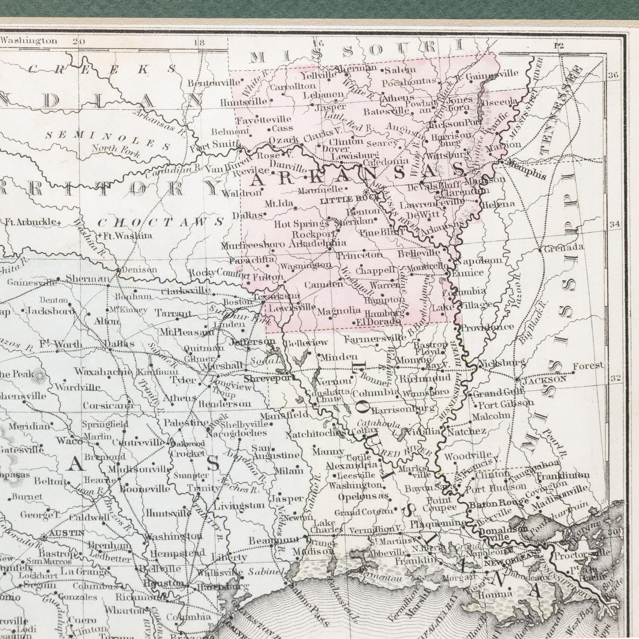 Framed circa 1880 map of Texas with Louisiana and Arkansas. Well detailed. Great for display in any home. Encased in cherry and gold frame with dark green mating. Size: 11