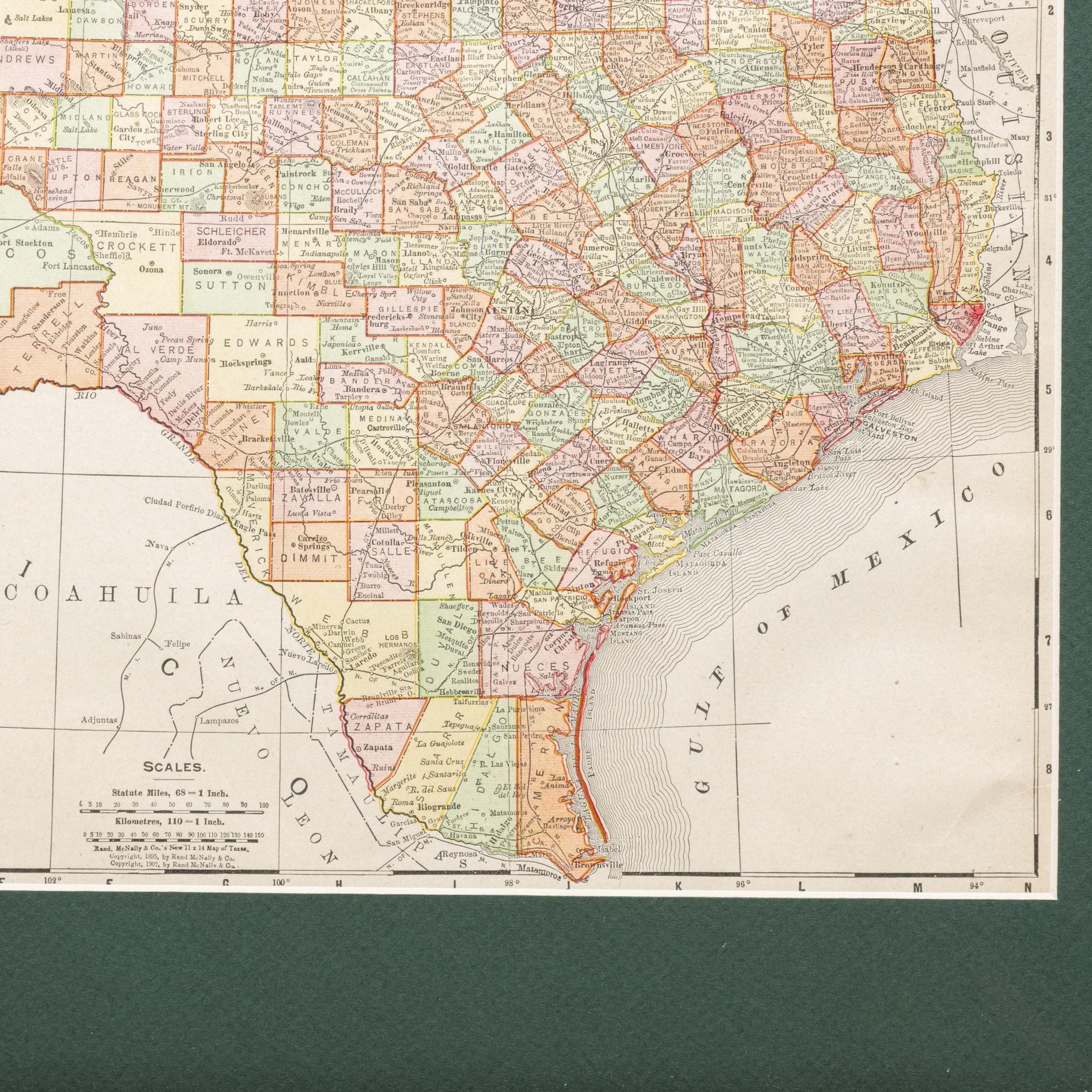 Framed circa 1908 map of Texas. Each county separated and colored with panhandle of Texas on same scale in left corner. Well detailed. Would display nicely in any home. Encased in cherry and gold frame with dark green mating. Size: 13