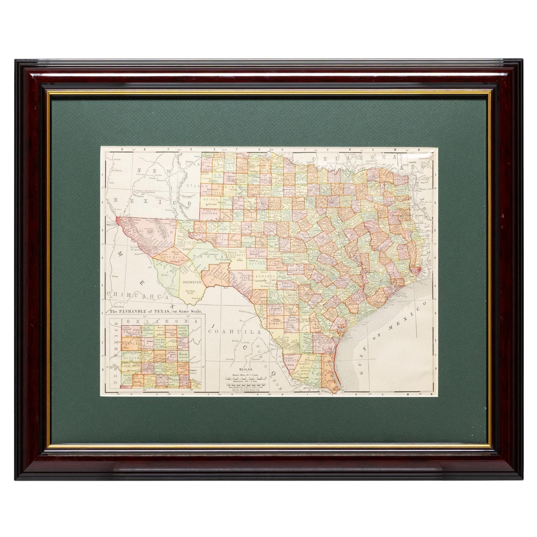 Carte encadrée du Texas Circa 1908