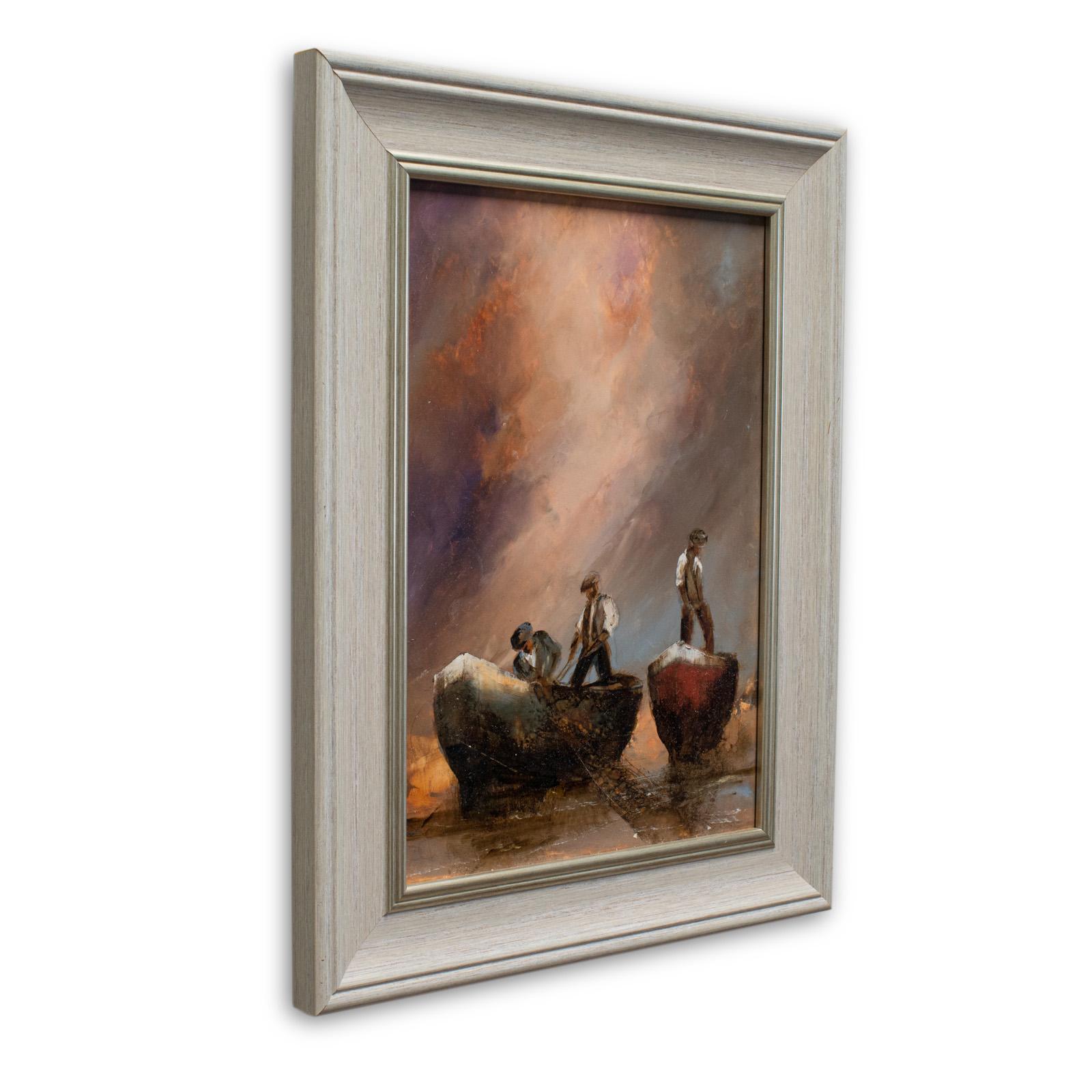 This is a framed, maritime scene oil painting by the renowned marine and equine artist David Chambers. 'Gathering' is an original, oil on board painting from David’s recent collection.

Two small rowboats congregate to the same location, in hope