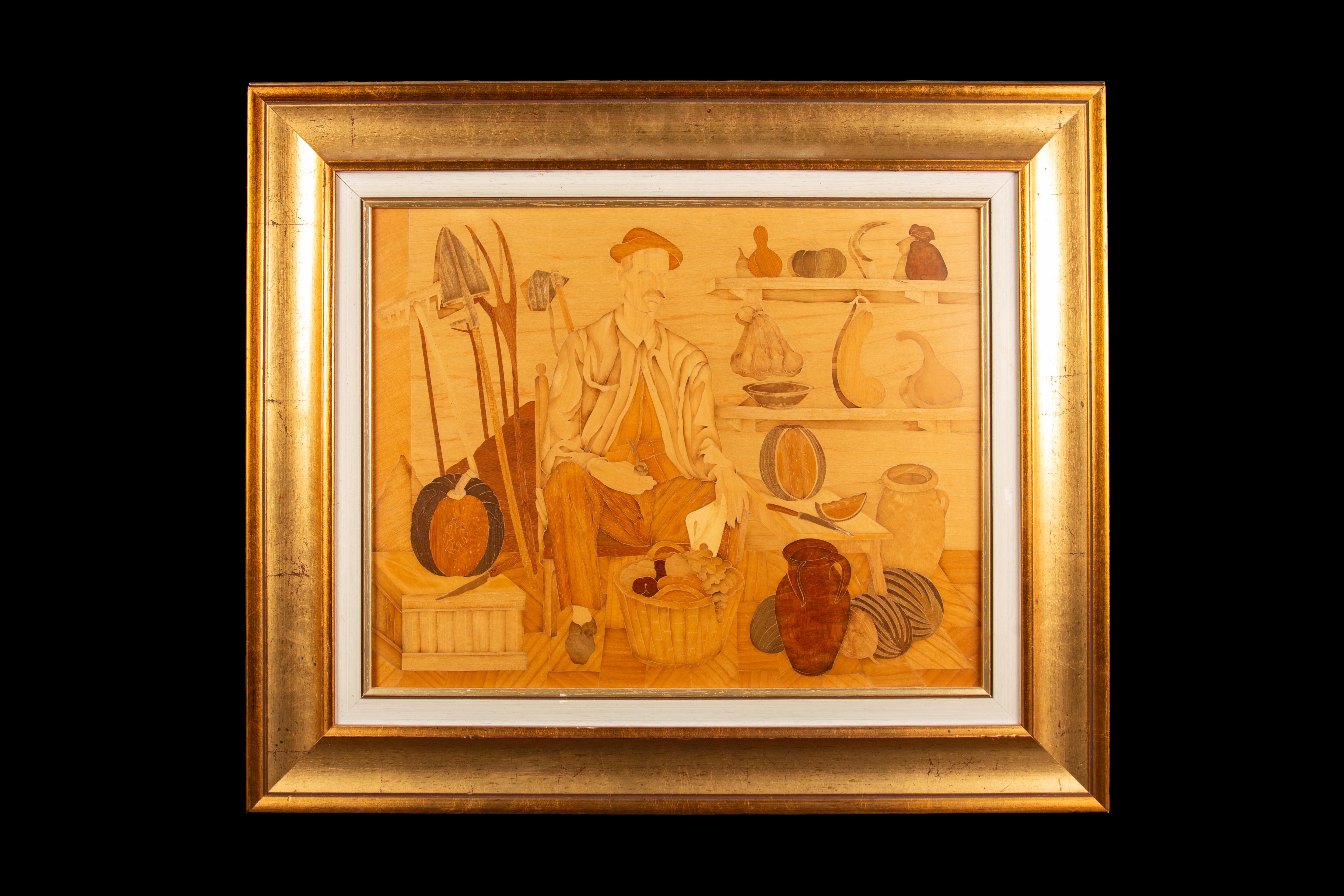 This captivating Framed Marquetry Panel portrays a charming scene of a contented farmer seated in a room adorned with an abundance of nature's bounty. The intricate craftsmanship of the marquetry technique is evident in the meticulous arrangement of