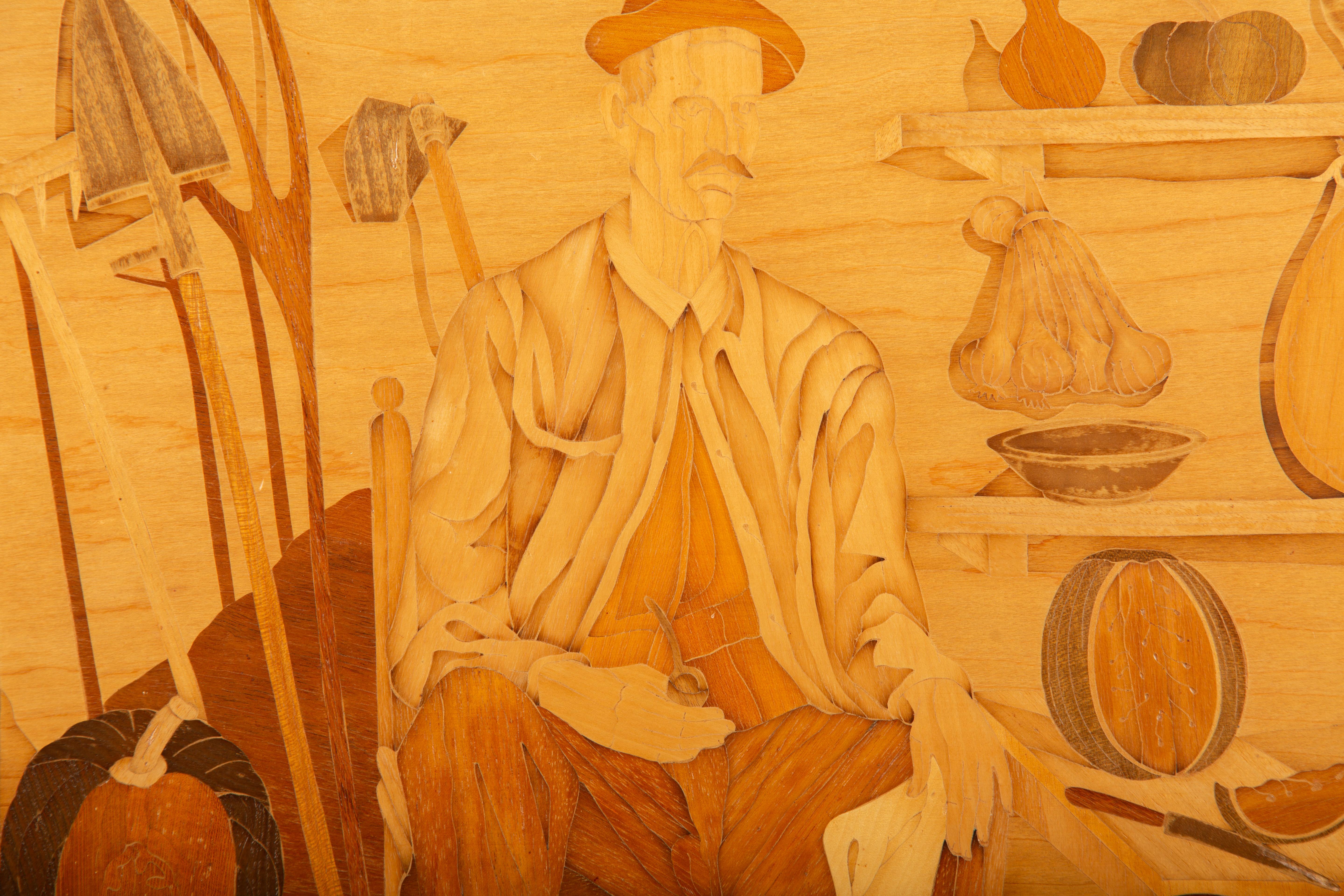 Other Framed Marquetry Panel of a Man with Fruit and Vegetables For Sale