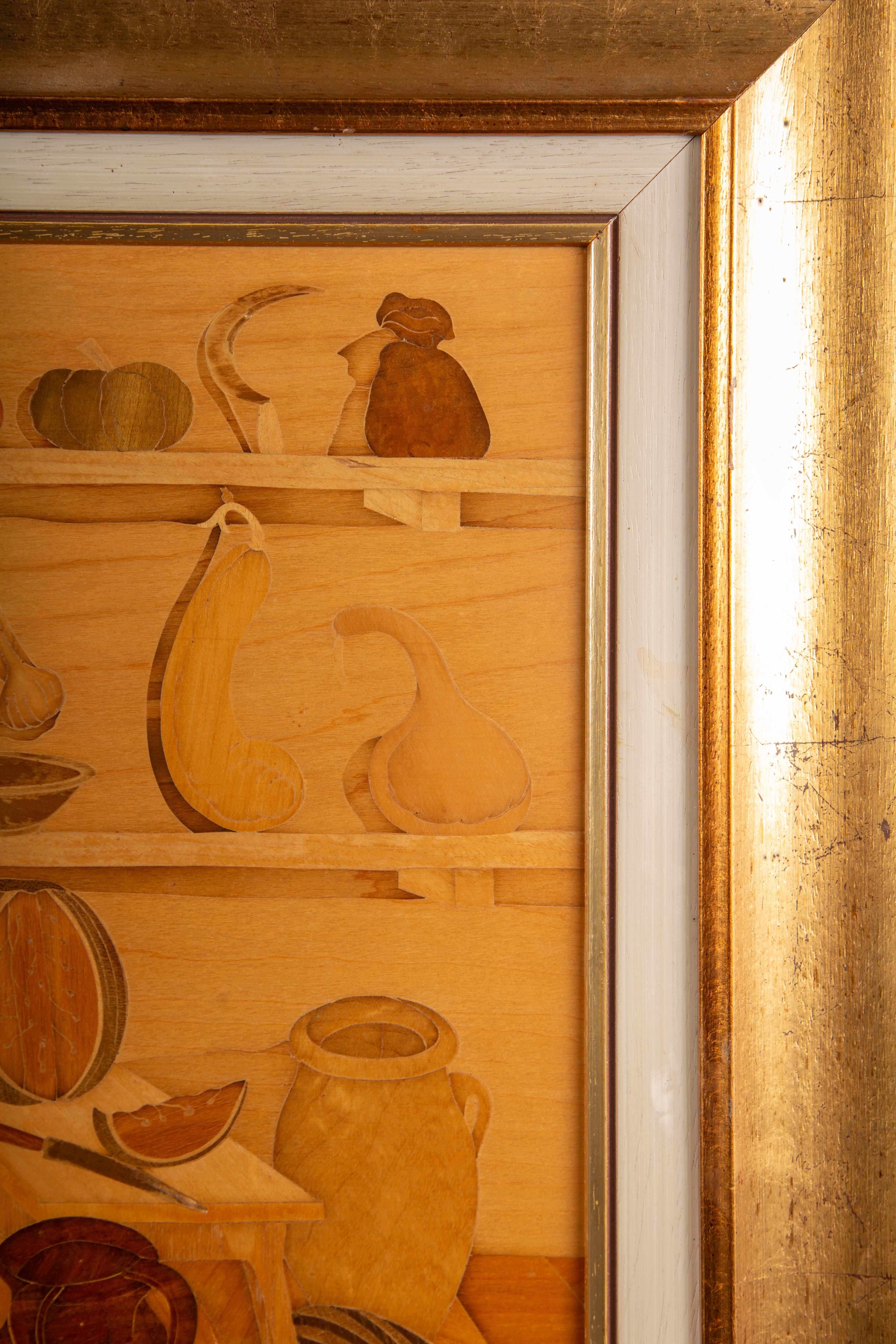 French Framed Marquetry Panel of a Man with Fruit and Vegetables For Sale