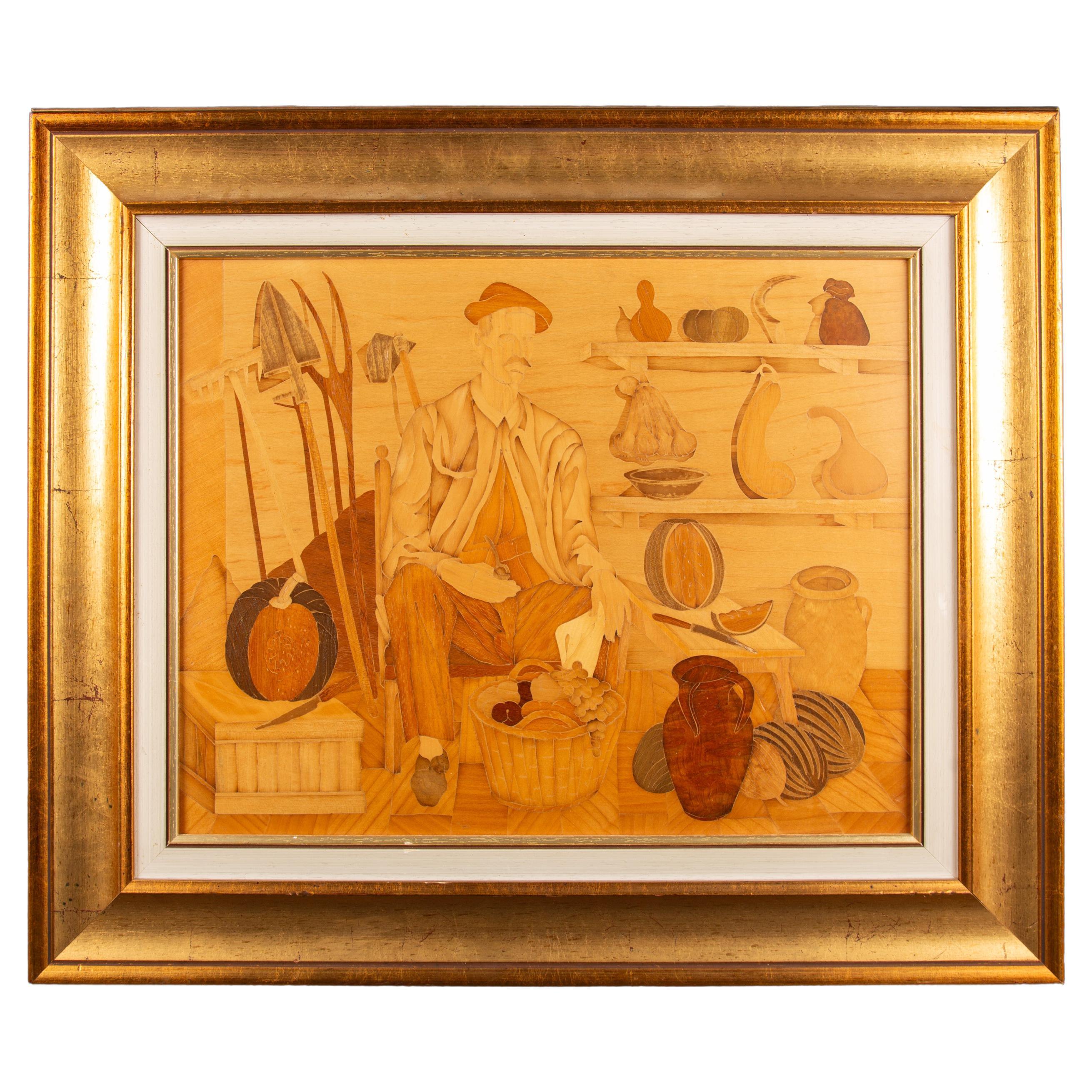 Framed Marquetry Panel of a Man with Fruit and Vegetables For Sale