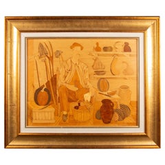 Framed Marquetry Panel of a Man with Fruit and Vegetables
