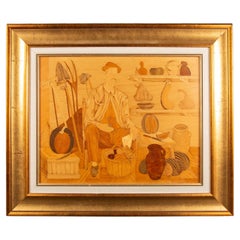 Framed Marquetry Panel of a Man with Fruit and Vegetables