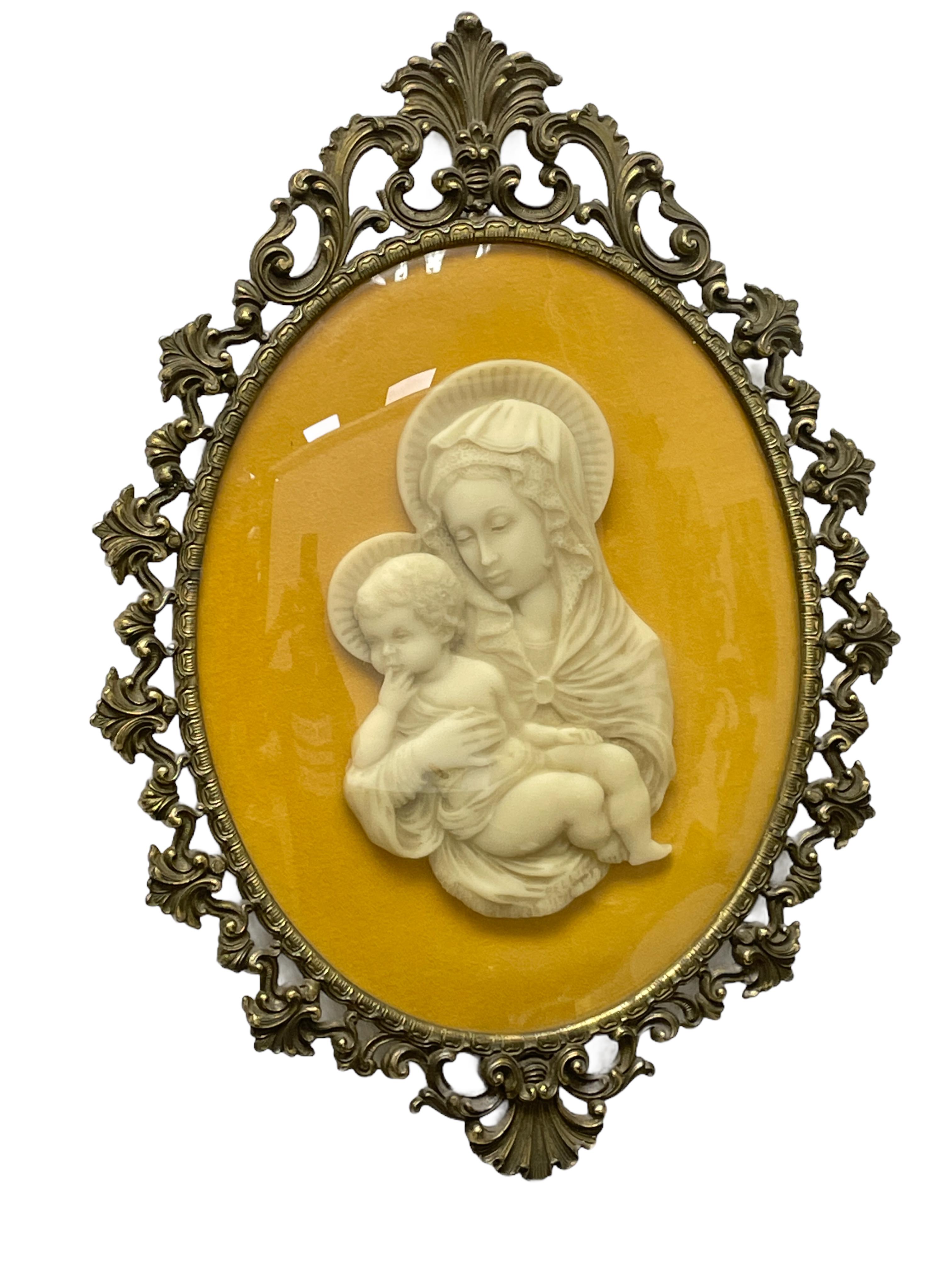 Folk Art Framed Mary and Jesus Child Wax Miniature Portrait, Brass and Glass Italy, 1930s For Sale