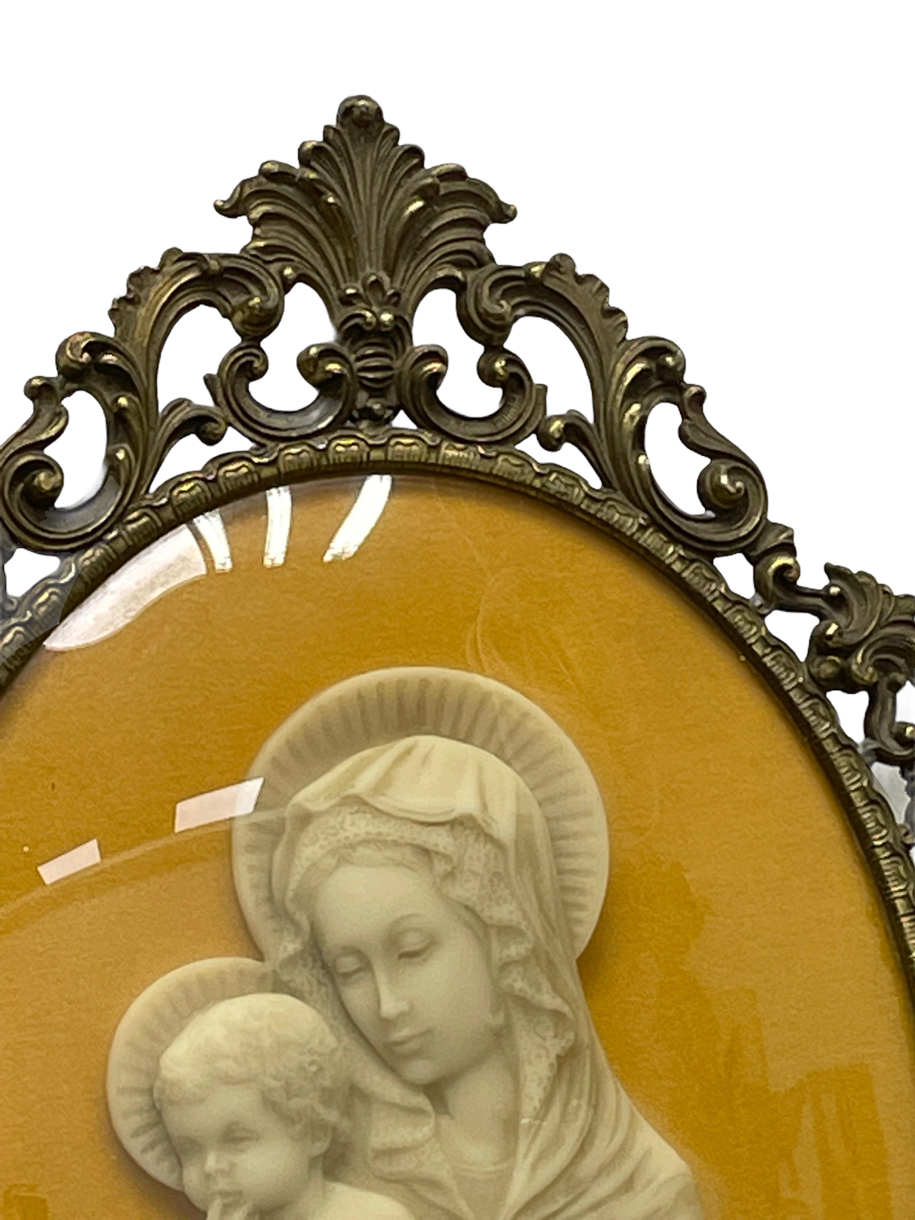 Mid-20th Century Framed Mary and Jesus Child Wax Miniature Portrait, Brass and Glass Italy, 1930s For Sale