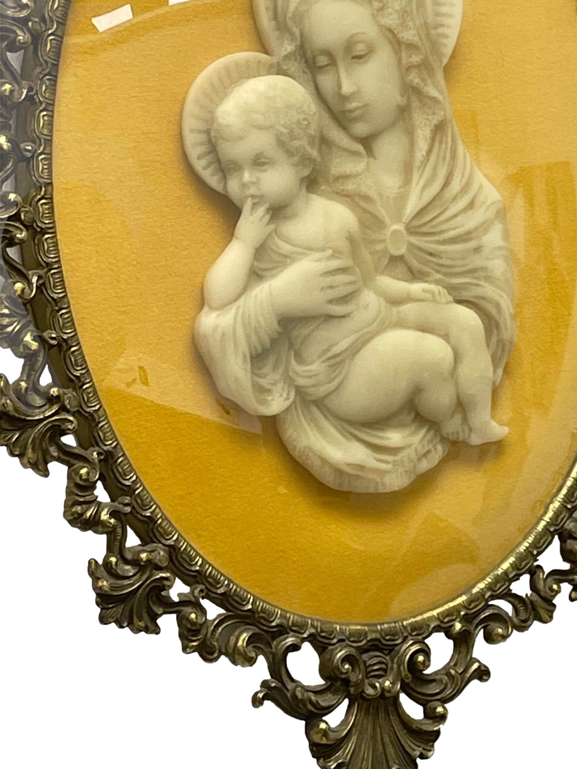 Framed Mary and Jesus Child Wax Miniature Portrait, Brass and Glass Italy, 1930s For Sale 2