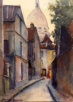 Framed Matted Watercolor "Streets of Montmartre with the Sacré-cœur Basilica"