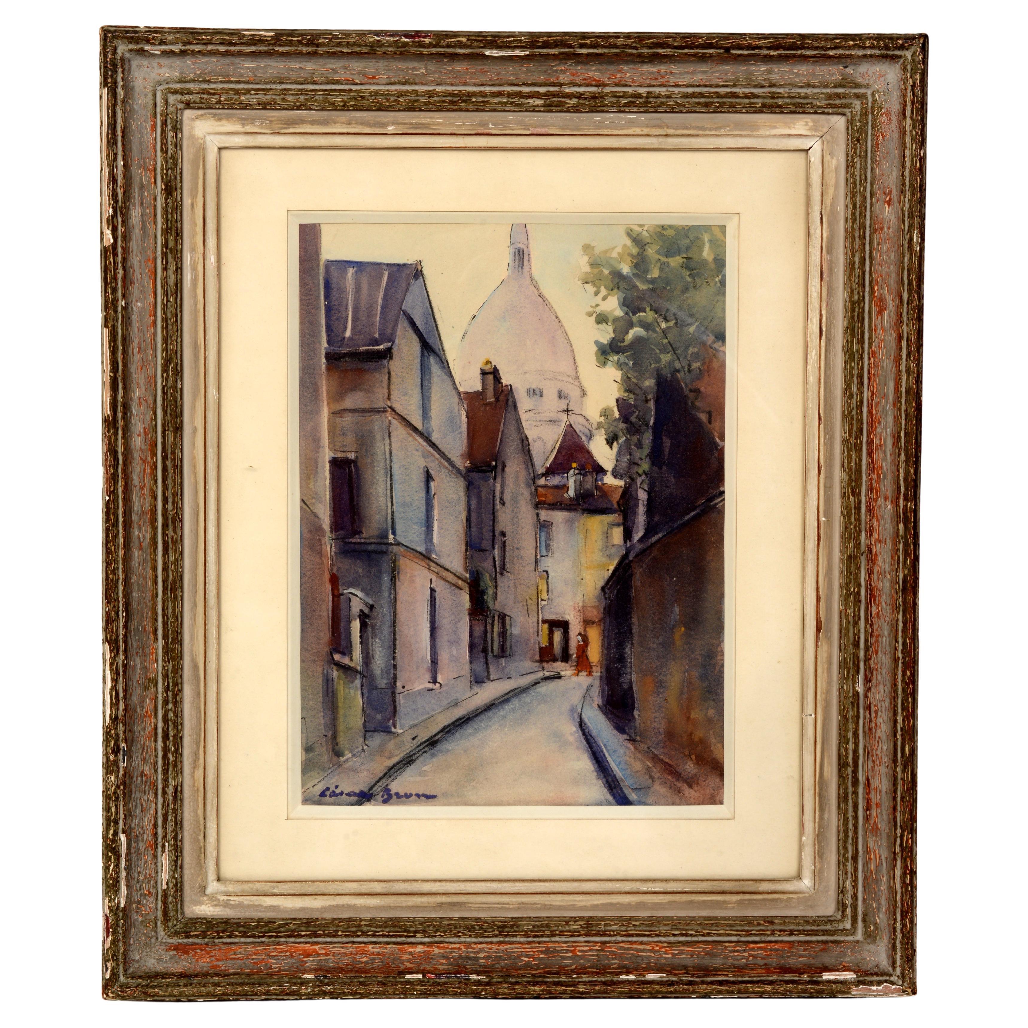 Aquarelle encadrée et matée "Rues de Montmartre avec la Basilique du Sacré-Cœur".