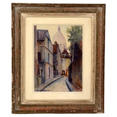 Framed Matted Watercolor "Streets of Montmartre with the Sacré-cœur Basilica"