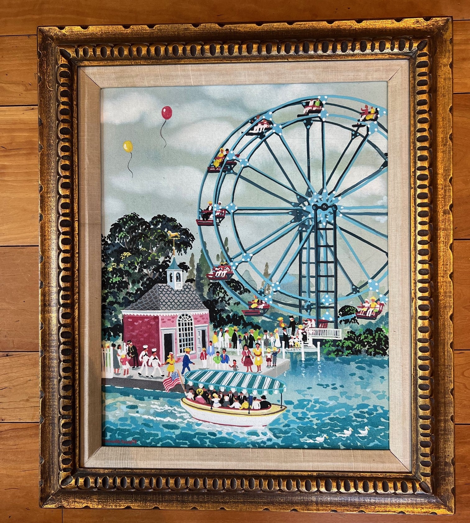 Framed Maxwell Mays Folk Art Oil on Canvas, Ferris Wheel By The Harbor, 1975 For Sale 6