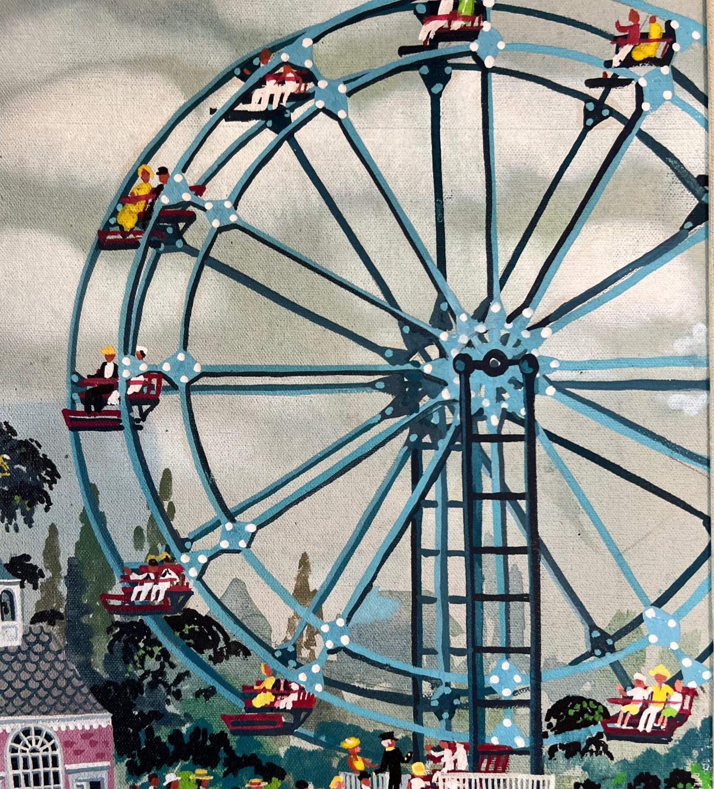 American Framed Maxwell Mays Folk Art Oil on Canvas, Ferris Wheel By The Harbor, 1975 For Sale