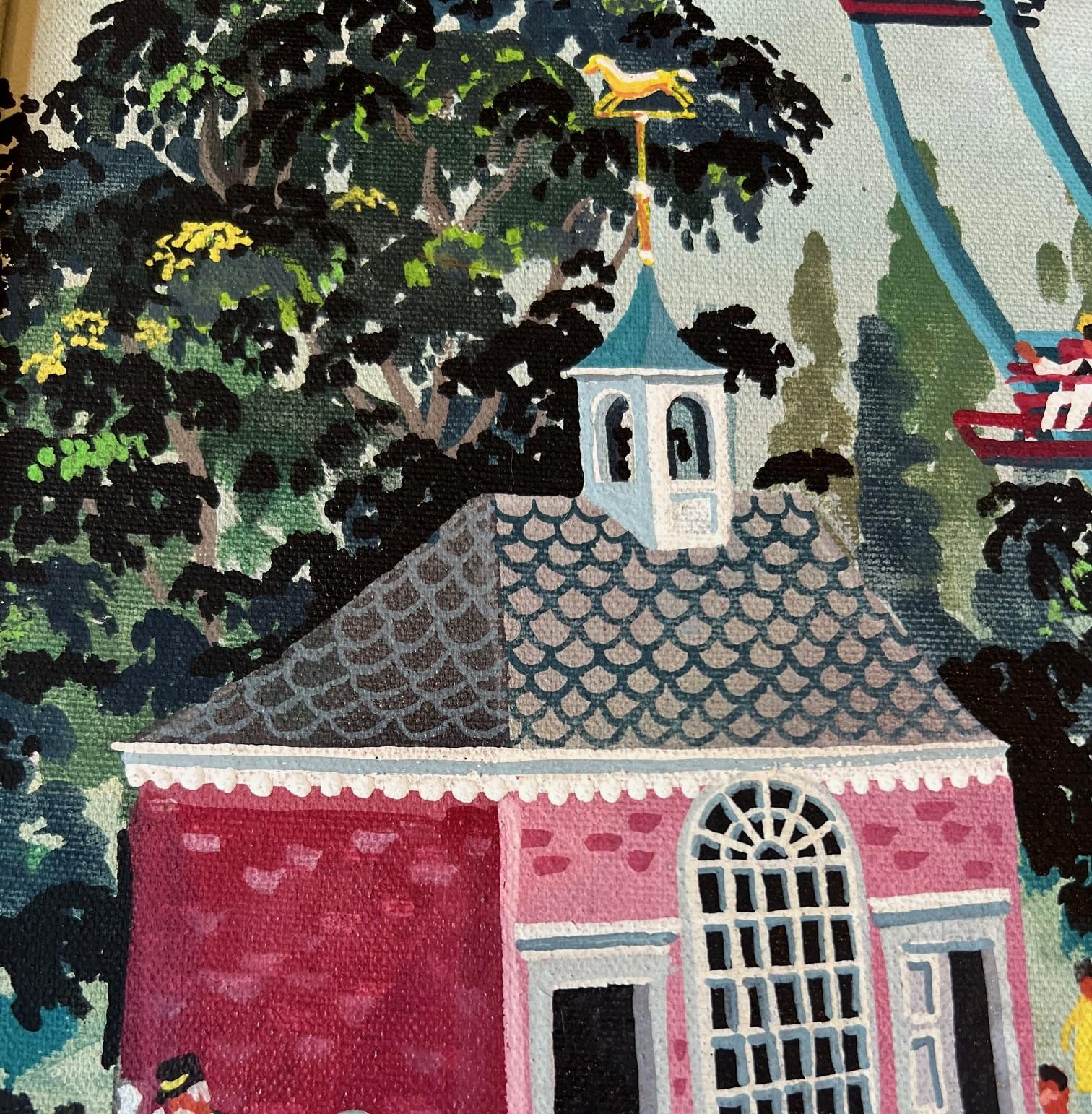 Framed Maxwell Mays Folk Art Oil on Canvas, Ferris Wheel By The Harbor, 1975 In Good Condition For Sale In Morristown, NJ