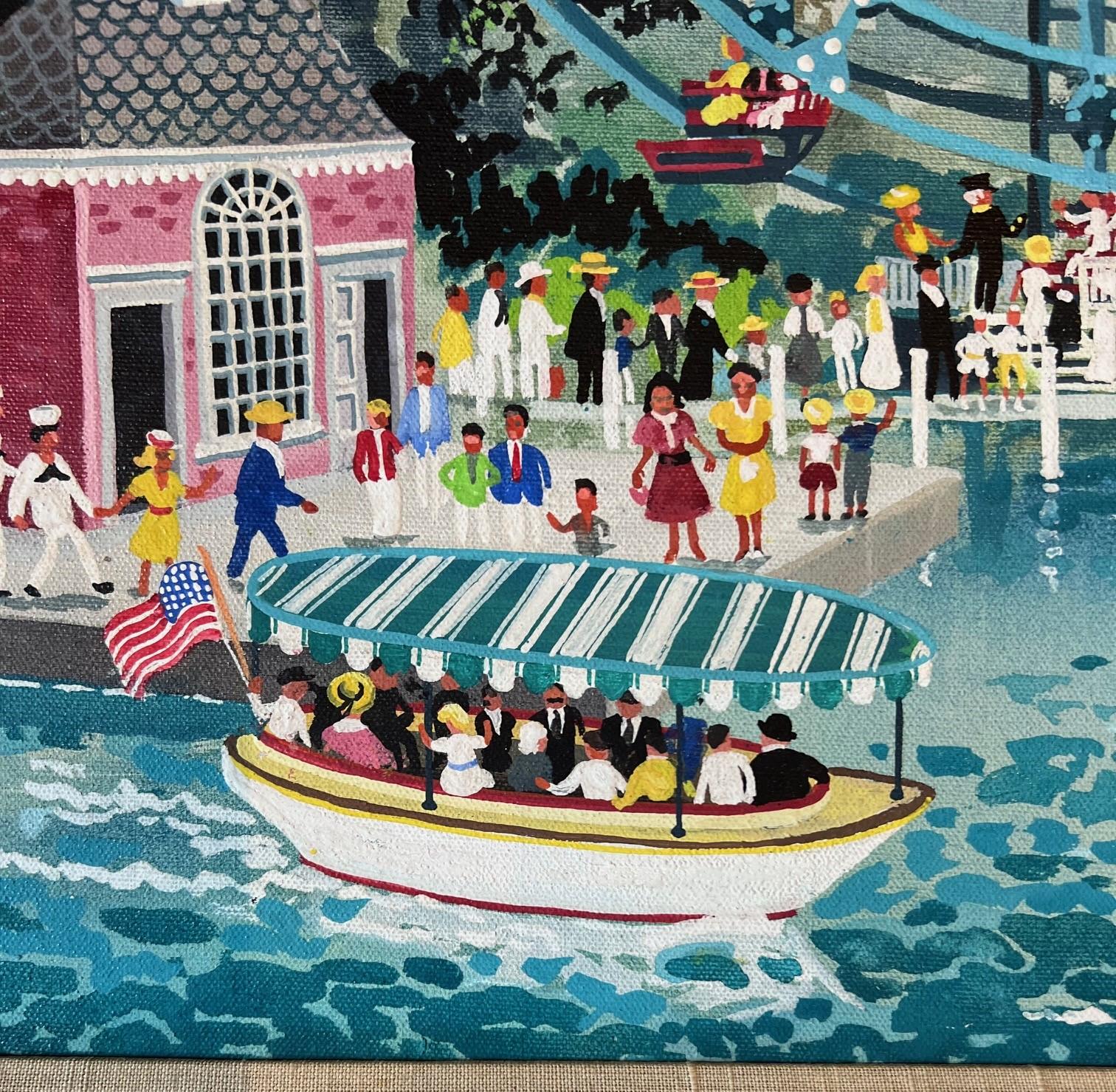 Framed Maxwell Mays Folk Art Oil on Canvas, Ferris Wheel By The Harbor, 1975 For Sale 1