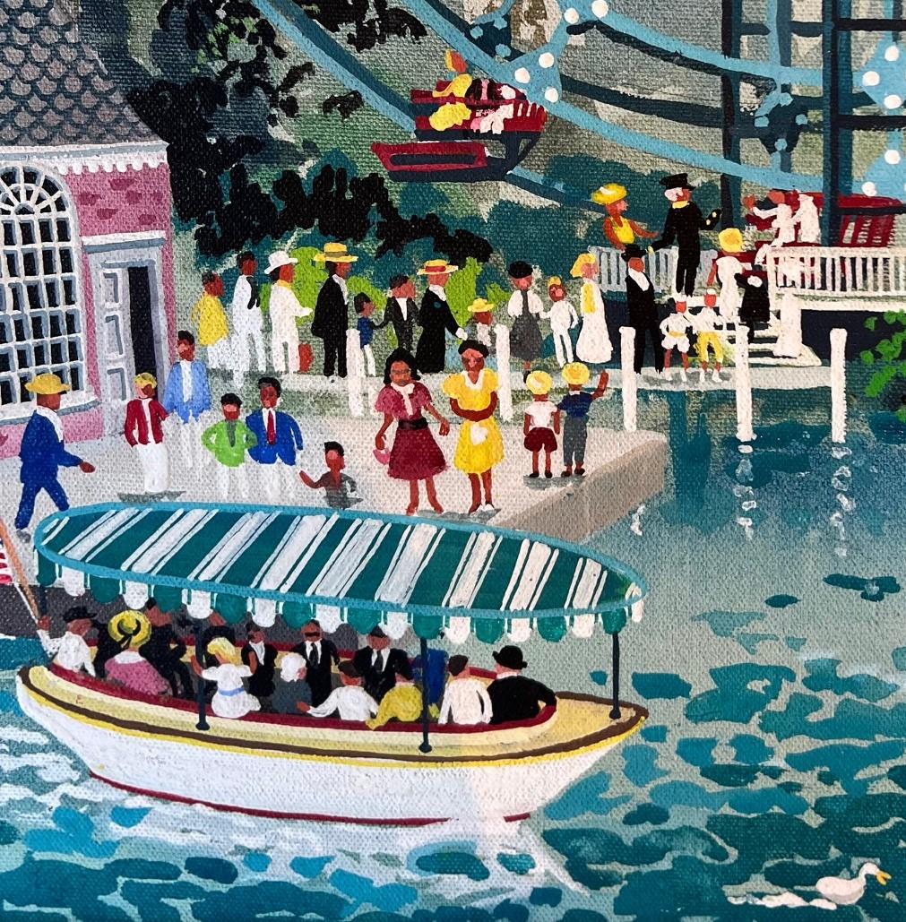 Framed Maxwell Mays Folk Art Oil on Canvas, Ferris Wheel By The Harbor, 1975 For Sale 2