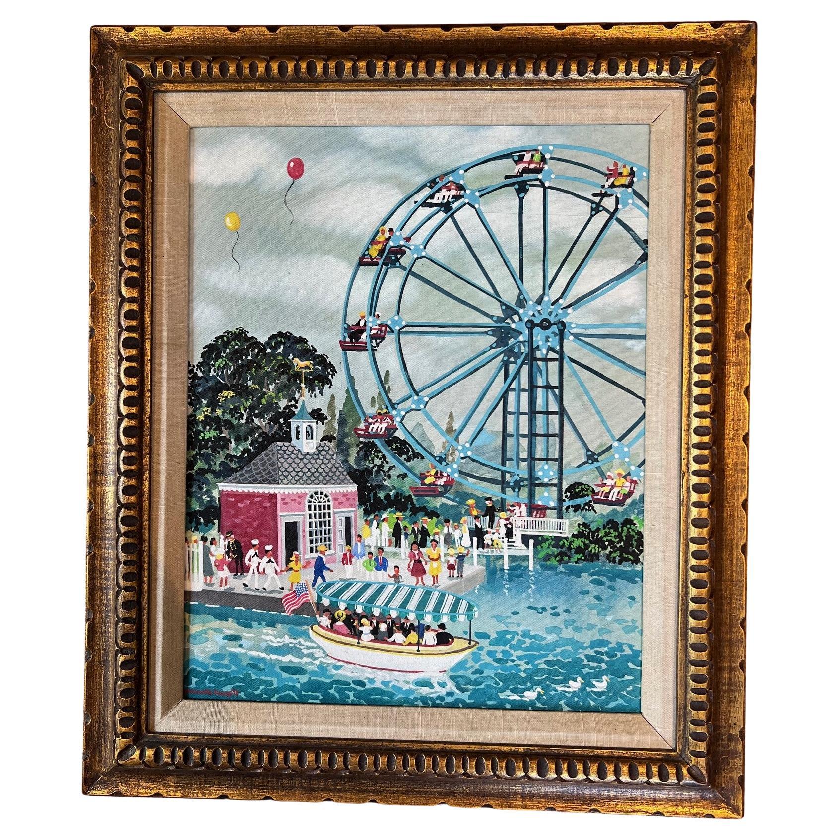 Olio su tela di arte popolare di Maxwell Mays incorniciato, Ferris Wheel By The Harbor, 1975