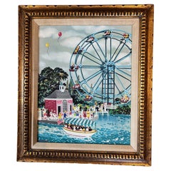 Framed Maxwell Mays Folk Art Oil on Canvas, Ferris Wheel By The Harbor, 1975