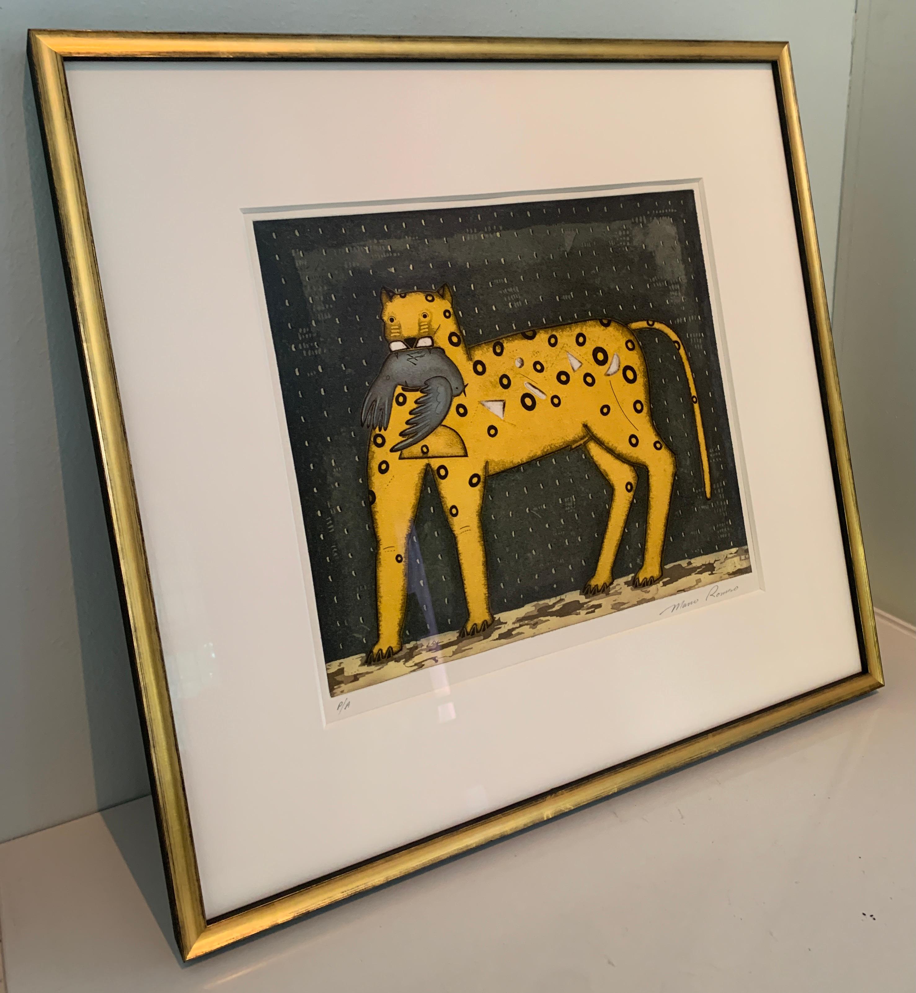 A stunning yellow spotted lion with bird. The lithograph is newly acquired in Mexico City and signed by artist, Abstract lion with spots holds a bird in the mouth. Newly Framed with glass and ready to hang.

The pieces is by Mano Romero - Mario