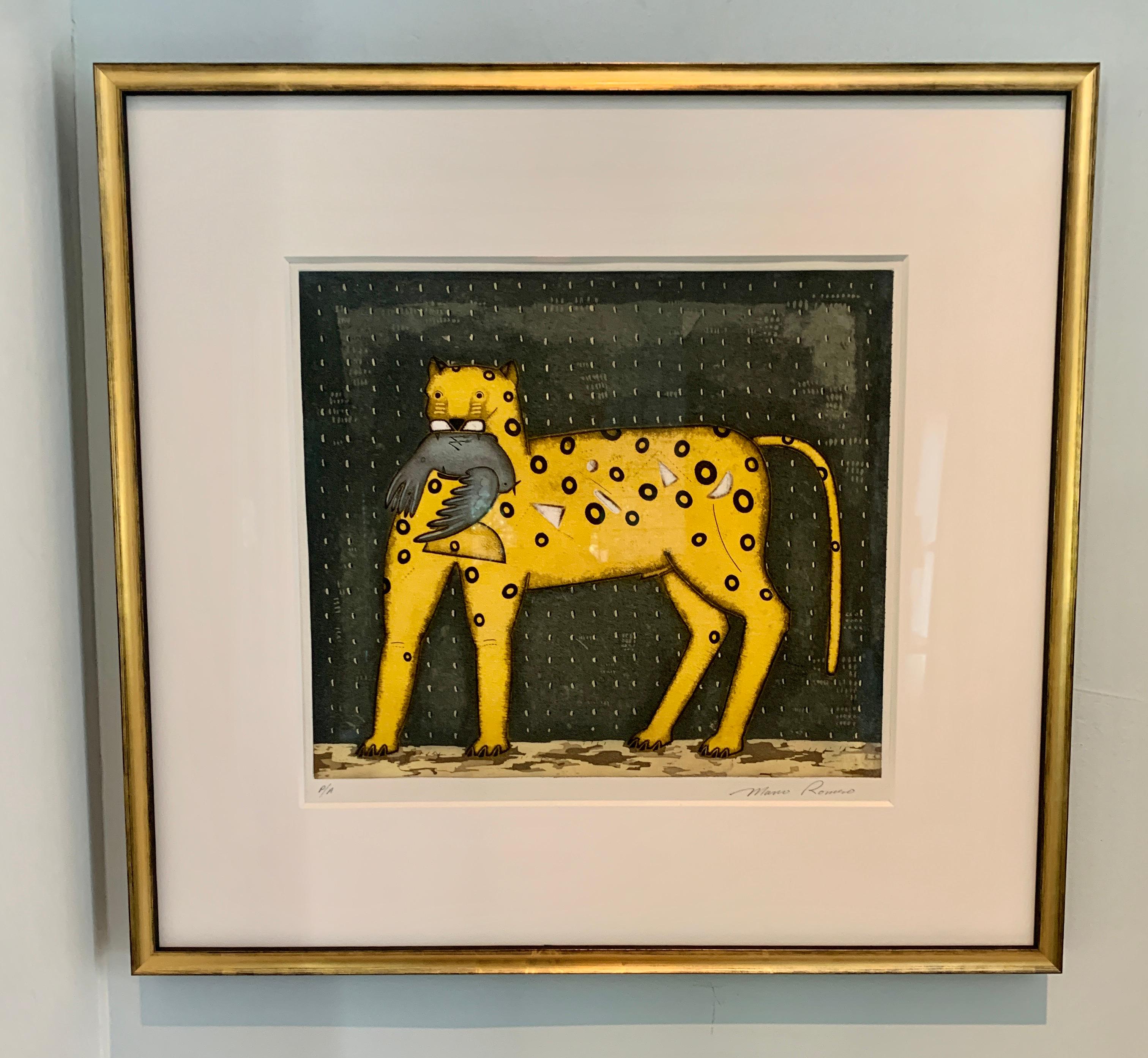 Modern Framed Mexican Lithograph of Yellow Cat and Bird by Mario Romero