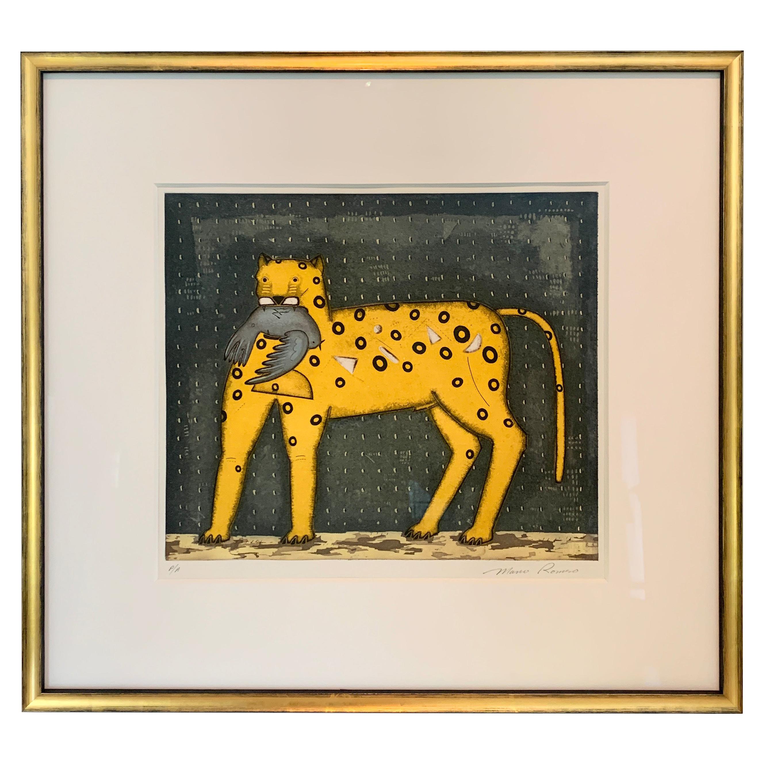 Framed Mexican Lithograph of Yellow Cat and Bird by Mario Romero