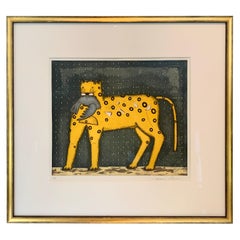 Framed Mexican Lithograph of Yellow Cat and Bird by Mario Romero