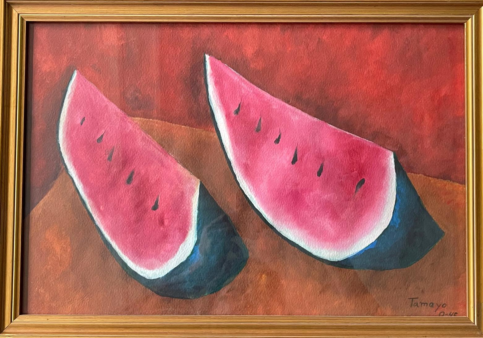 A framed watercolor and gouache on paper depicting sliced watermelon on a color block background, signed Tamayo and dated 1945 as shown. The work was in keeping with the style of Rufino Tamayo and it retains a paper label from Salon de la Plastica