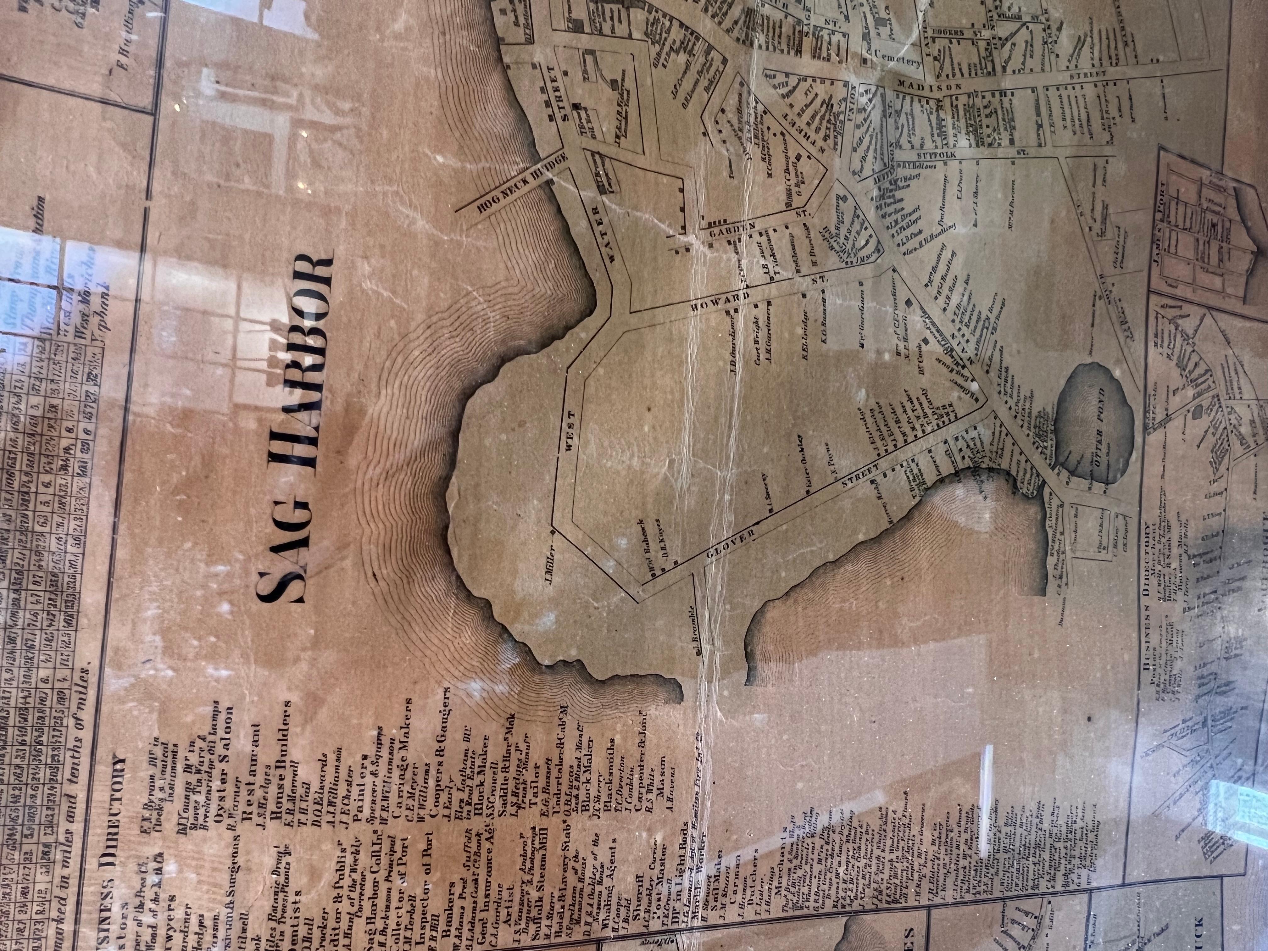 A Framed museum quality find. This large wall map dates to the mid-1800s. Detailed inset maps of, Sag Harbor, East Hampton, Amagansett, Shelter Island and most villages in Long Island. It also has agriculture stats for 1855. Detailed prints of homes