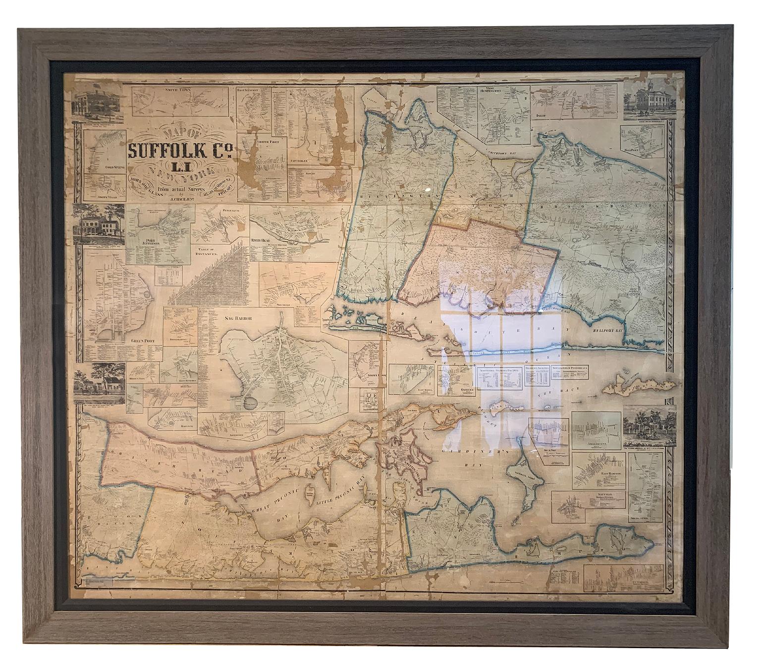 A Framed museum quality find. This large wall map dates to the mid-1800s. Detailed inset maps of, Sag Harbor, East Hampton, Amegansett, Shelter Island and most villages in Long Island. It also has agriculture stats for 1855. Detailed prints of homes