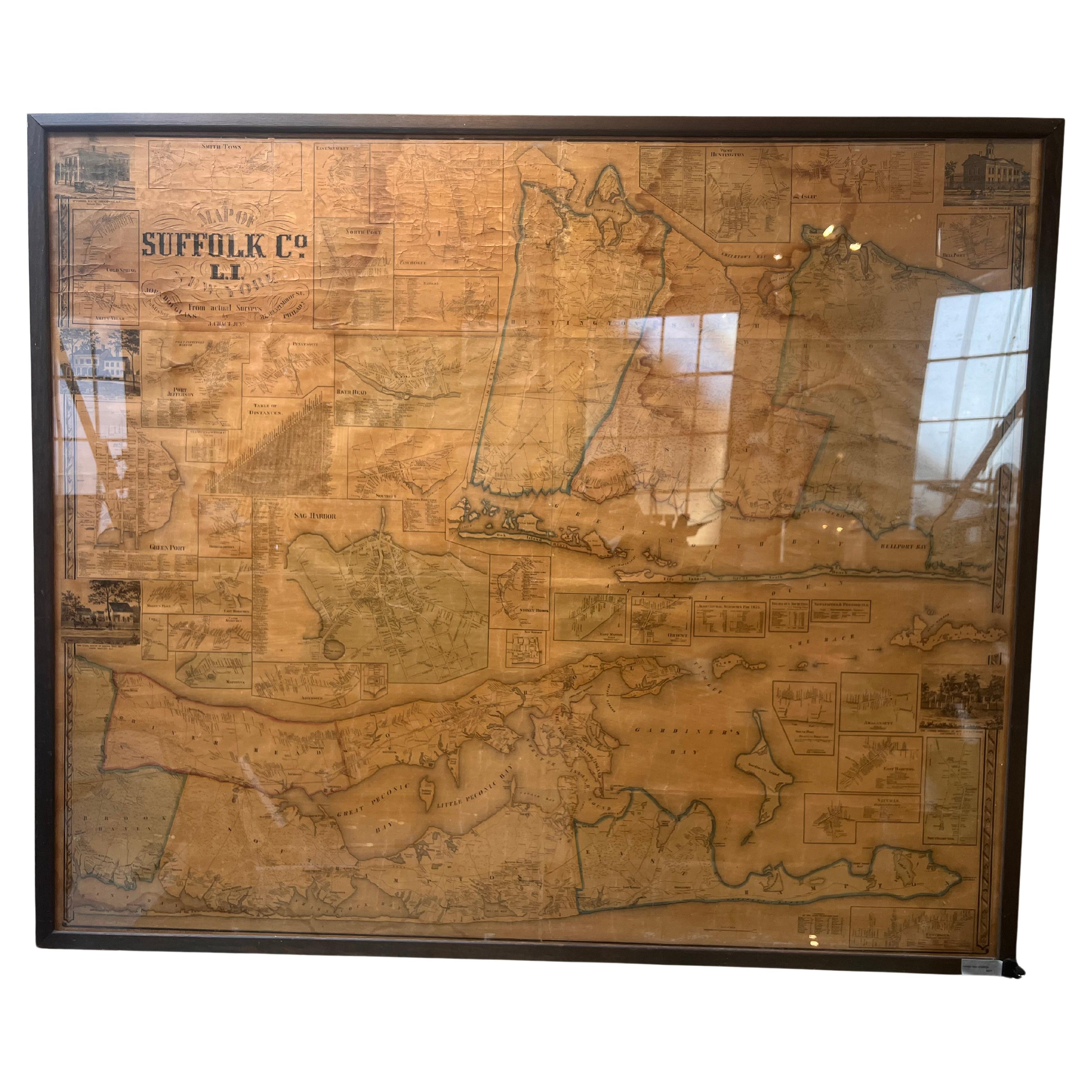 Mapa mural enmarcado de mediados del siglo XIX de Long Island, los Hamptons en venta