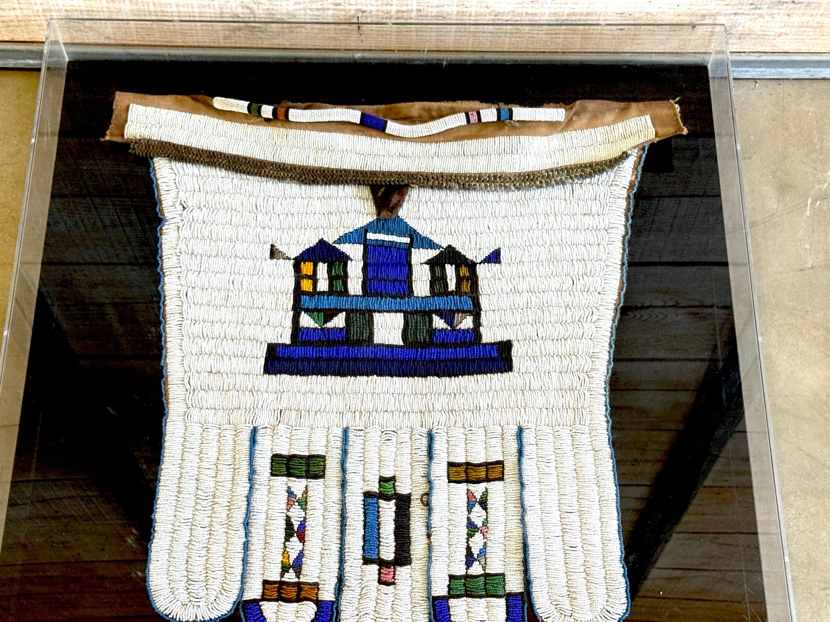 Framed Mid-20th C. Lakota (Sioux)  Beaded Saddle Bag Panel, Museum Mounted In Good Condition For Sale In West Palm Beach, FL