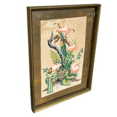 Framed Mid-century Asian Floral Inspired Watercolor Print by Bunell
