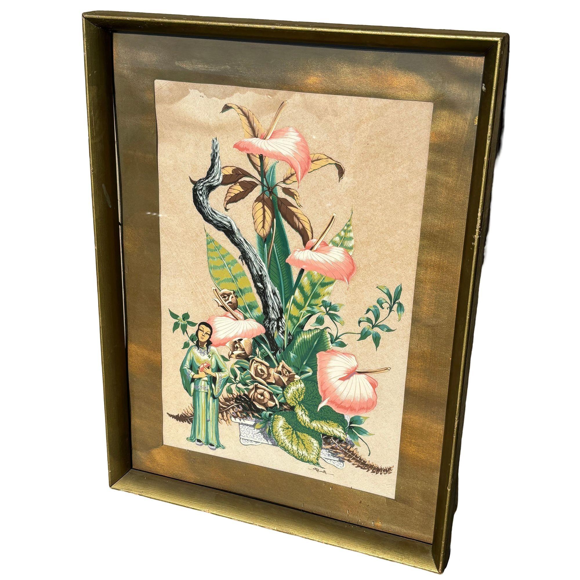Mid-Century moderno Stampa acquerello con cornice di Bunell ispirata ai fiori asiatici di metà secolo in vendita