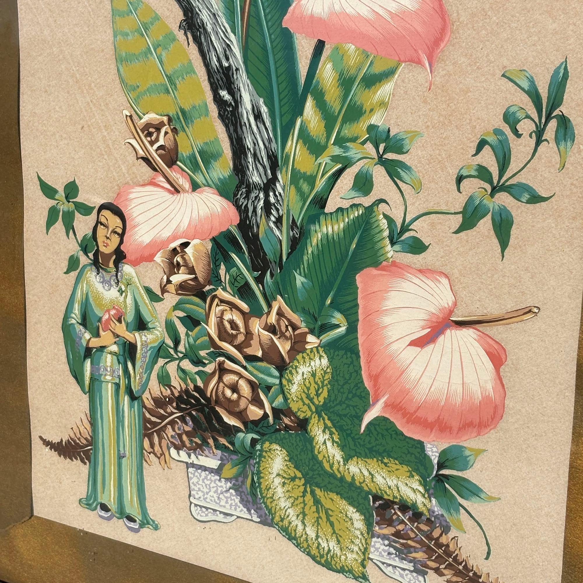 Americano Stampa acquerello con cornice di Bunell ispirata ai fiori asiatici di metà secolo in vendita