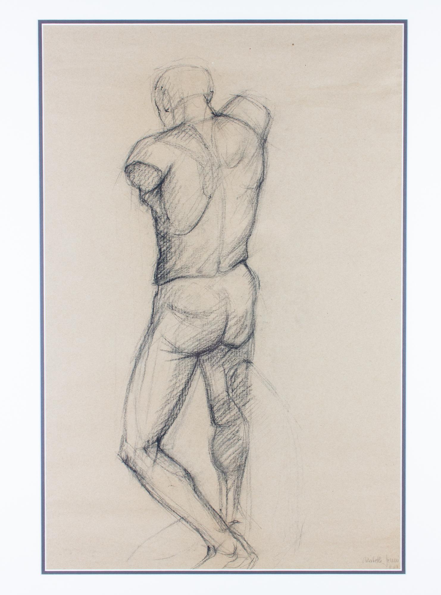 Discovered in France, this charcoal study of a male nude figure has been newly framed with a double mat (black Innside with white outside) in a bronze gilt frame. The paper used for the sketch is a beige or light tan color. The charcoal image shows