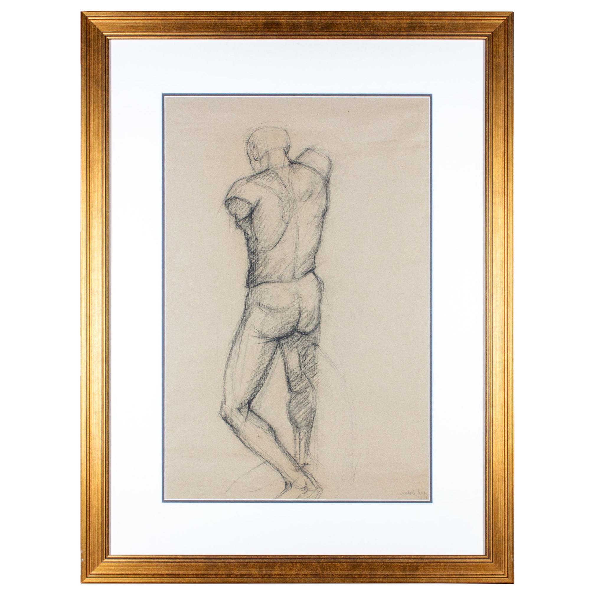 Framed Mid-Century French Nude Charcoal Sketch