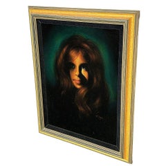 Framed Mid-century Hand Painted Oil on Velvet Female Portrait, Signed Cohen
