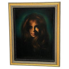 Framed Mid-century Hand Painted Oil on Velvet Female Portrait, Signed Cohen