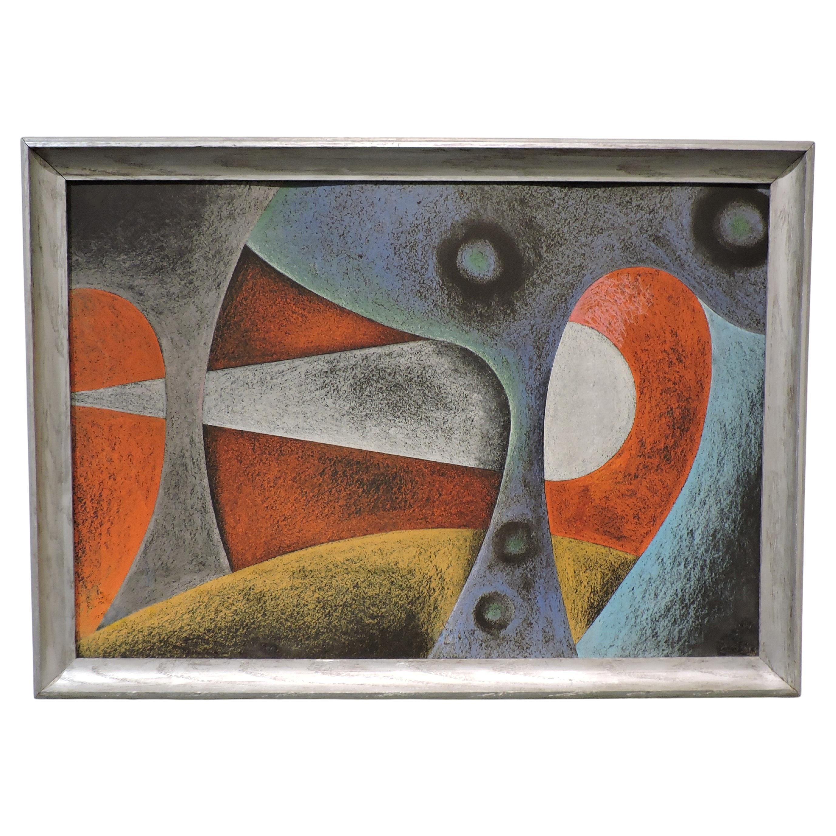 Gerahmte Mid Century Modern Abstrakte Landschaft Pastellmalerei, Klee, Miro Stil im Angebot