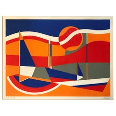 Sérigraphie de bateaux encadrés Mid-Century Modern de Susan Perea