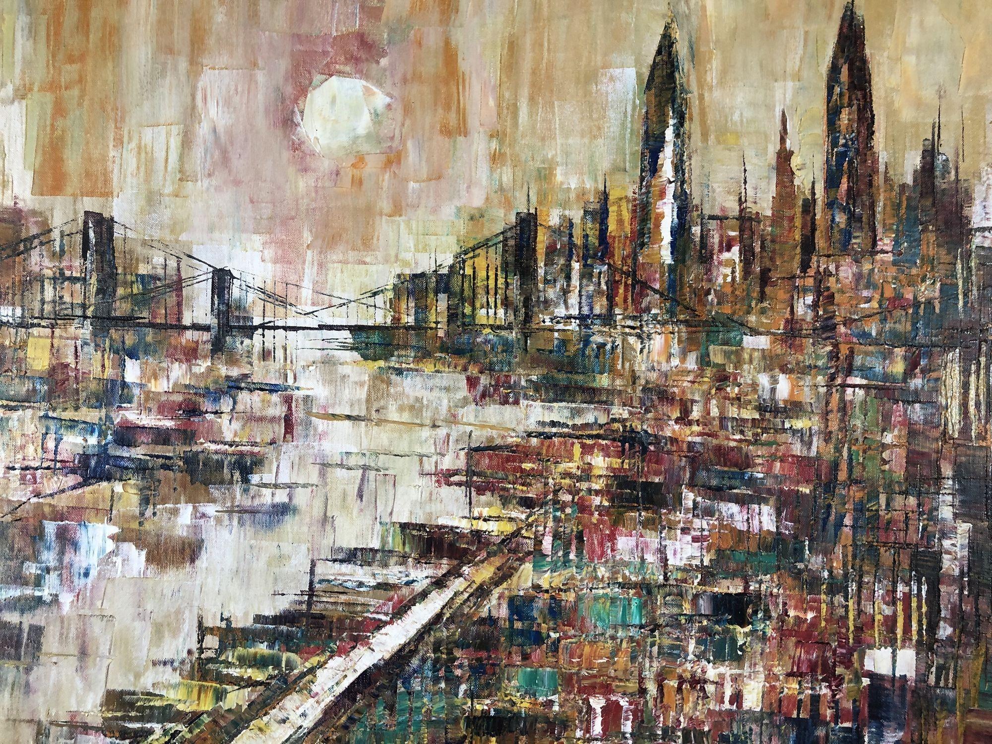 Œuvre d'art contemporain du milieu du siècle, peinture à l'huile représentant la ligne d'horizon d'une ville avec le soleil se couchant sur un pont, signée par M-One. Ce tableau est présenté dans un cadre en bois aux détails festonnés et aux accents