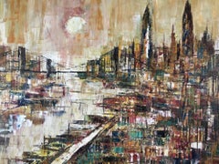 Framed Mid-Century Oil Painting of Bridge and Cityscape Signed by M. Dick