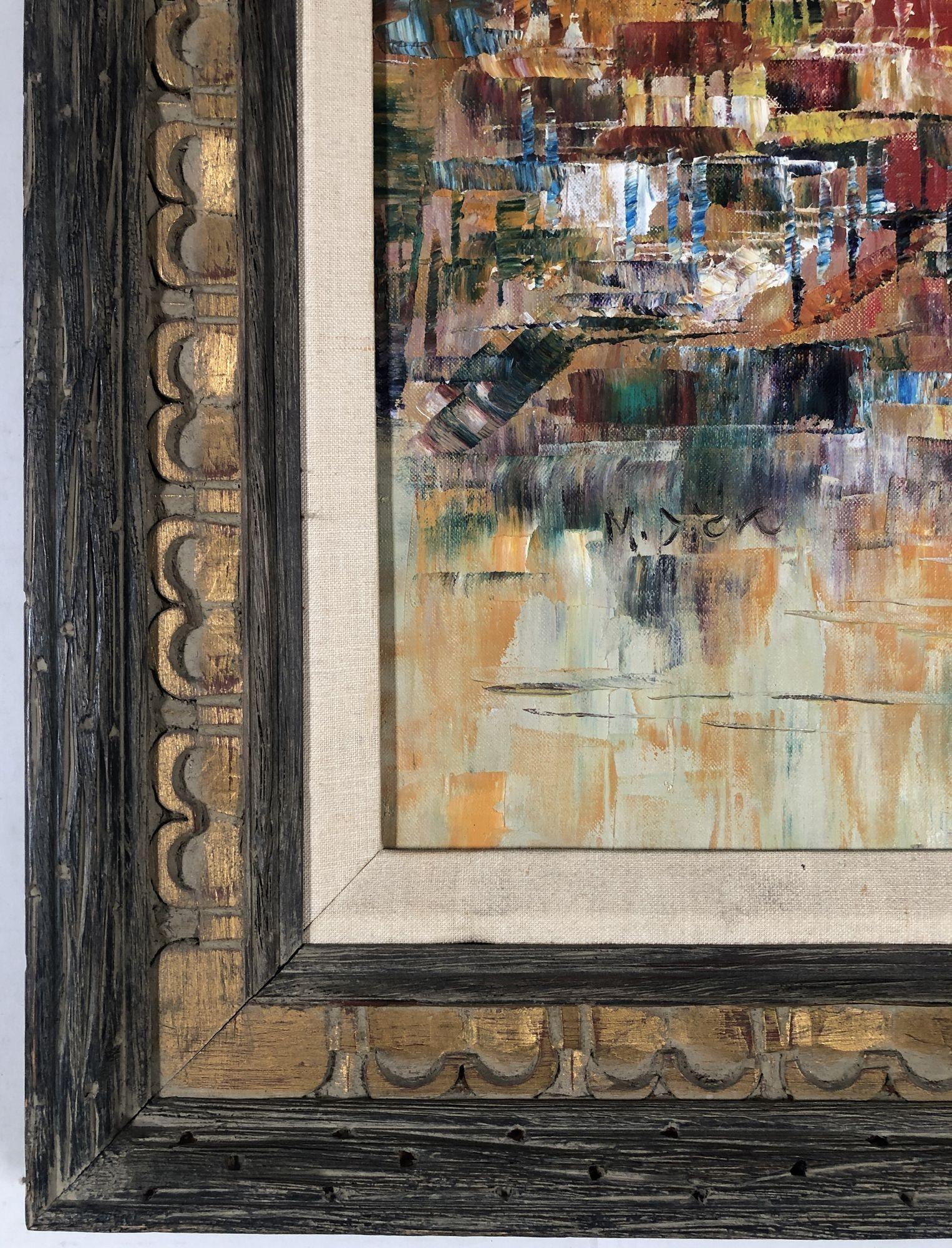 Peinture à l'huile encadrée du milieu du siècle représentant un pont et un paysage urbain, signée par M. Dick Excellent état - En vente à Van Nuys, CA