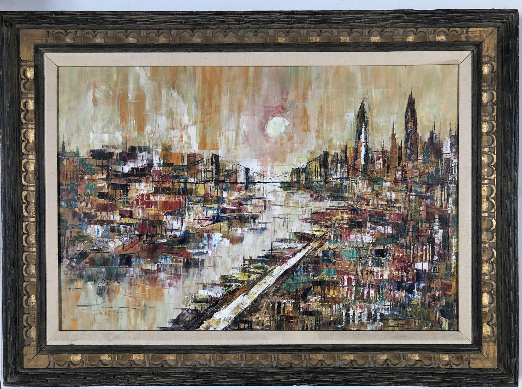 Framed Mid-Century Oil Painting of Bridge and Cityscape Signed by M. Dick In Excellent Condition For Sale In Van Nuys, CA