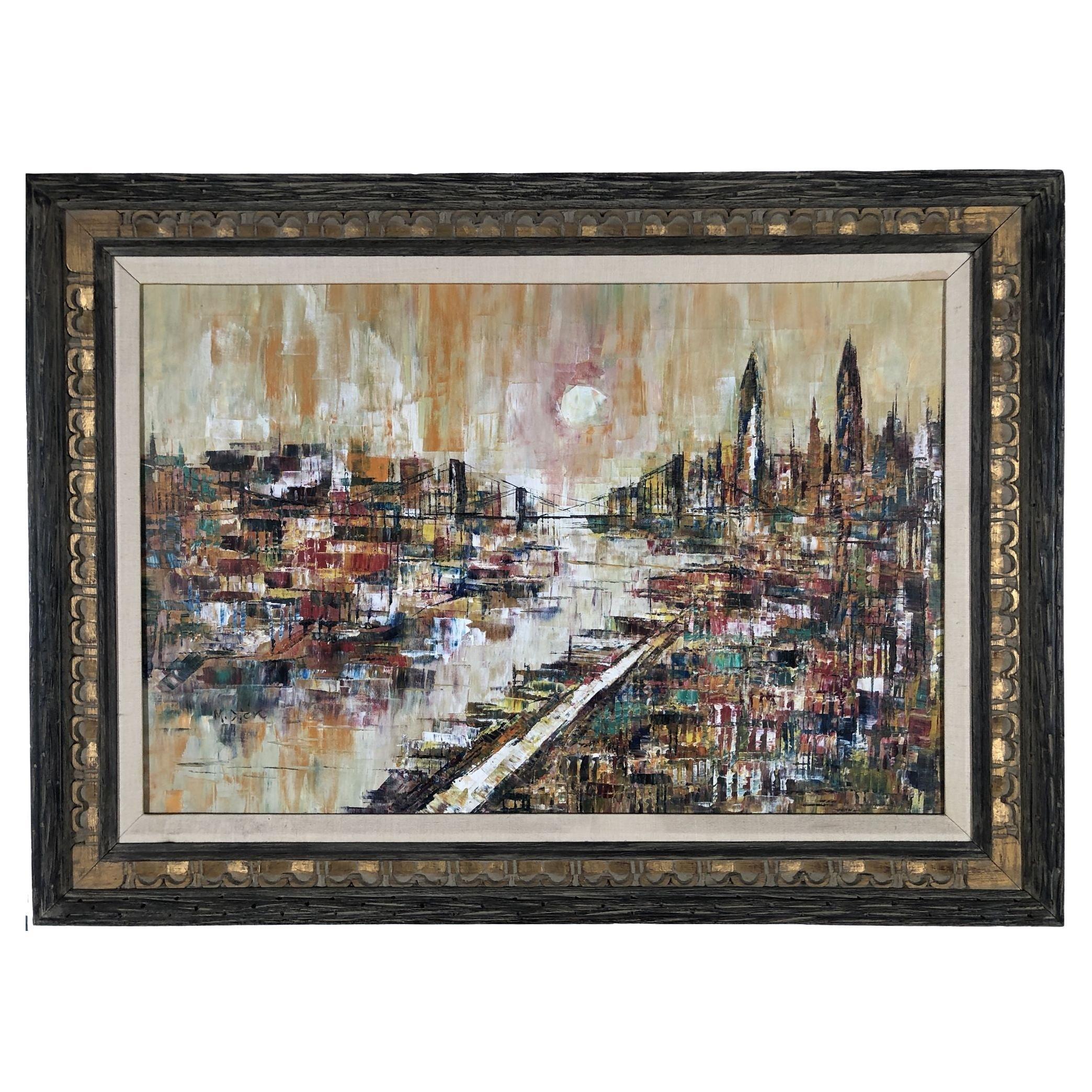 Framed Mid-Century Oil Painting of Bridge and Cityscape Signed by M. Dick