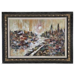 Vintage Framed Mid-Century Oil Painting of Bridge and Cityscape Signed by M. Dick