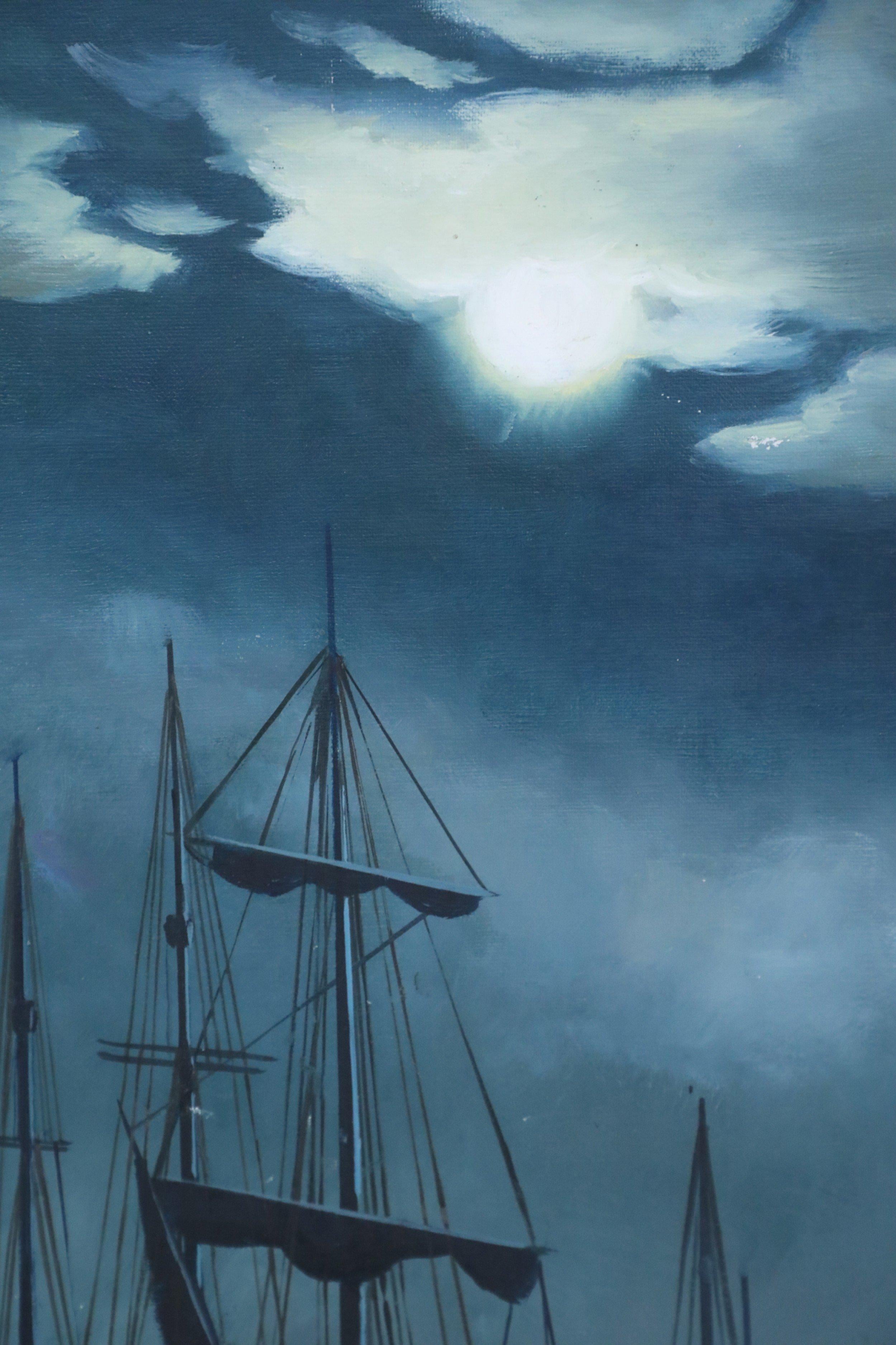 Peinture à l'huile de paysage marin du milieu du siècle dernier, encadrée, représentant des navires allant d'un chantier naval à la nuit en vente 3