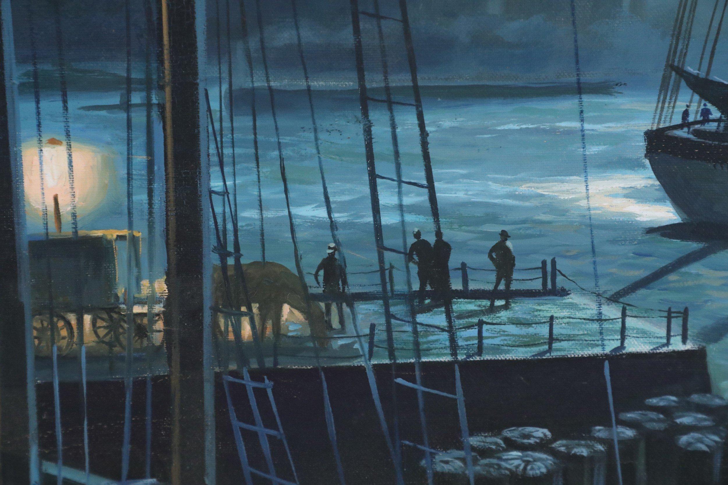 Peinture à l'huile de paysage marin du milieu du siècle dernier, encadrée, représentant des navires allant d'un chantier naval à la nuit en vente 4