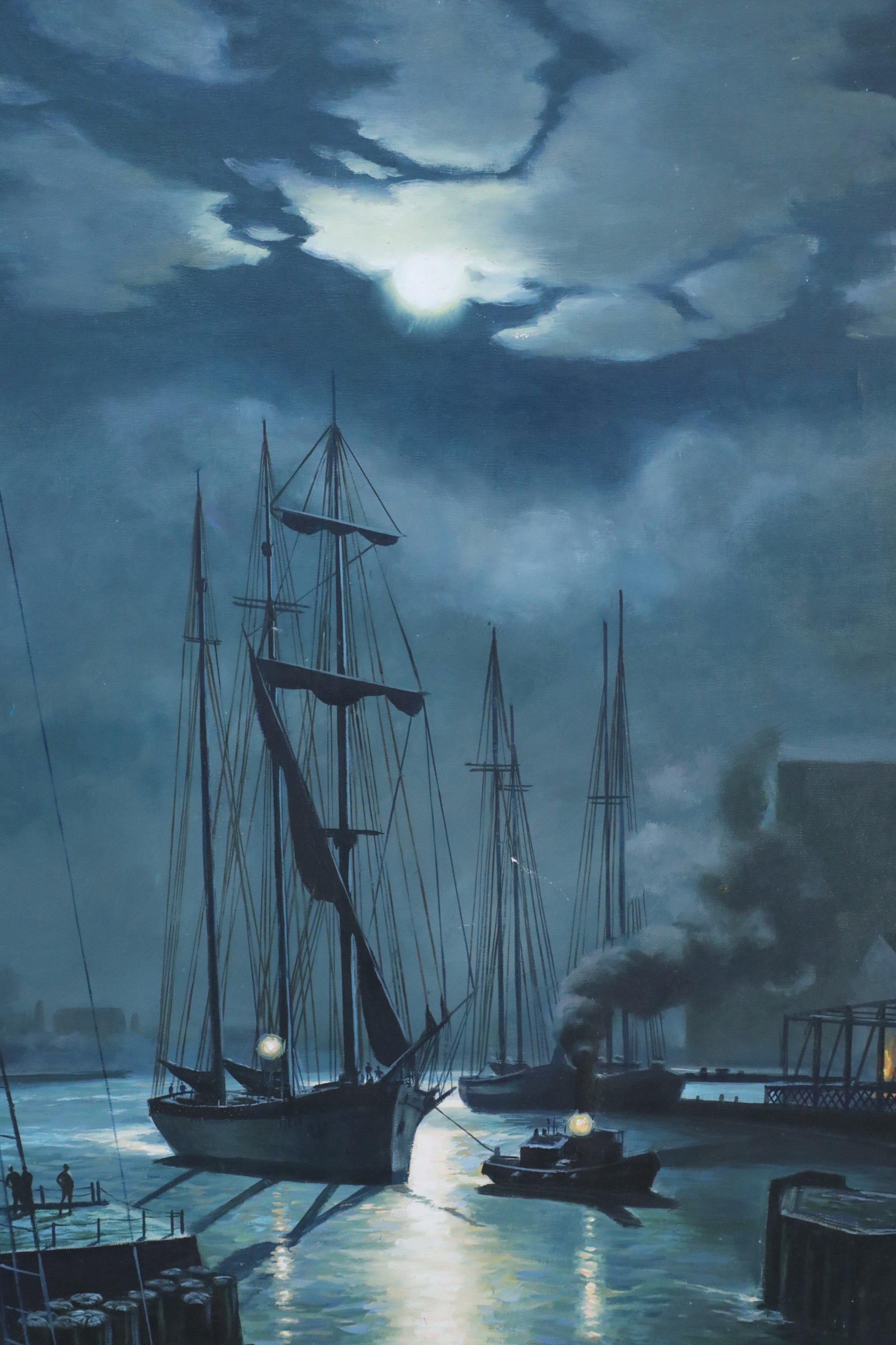 Mid-Century Modern Peinture à l'huile de paysage marin du milieu du siècle dernier, encadrée, représentant des navires allant d'un chantier naval à la nuit en vente